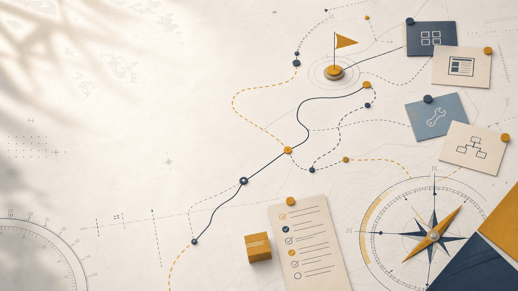 A warm navigation map with route lines, checkpoints, and compass details.